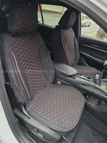 Чехлы  накидки на сиденье лен 2Д черный красная/оранжевая нитка комплект 5шт    фото 3