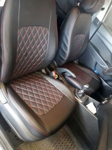 Авточехлы  Kia Rio с 2017г Rio X-Line с 2017г Hyundai Solaris c 2017г экокожа черная красн.нить ромб фото 6